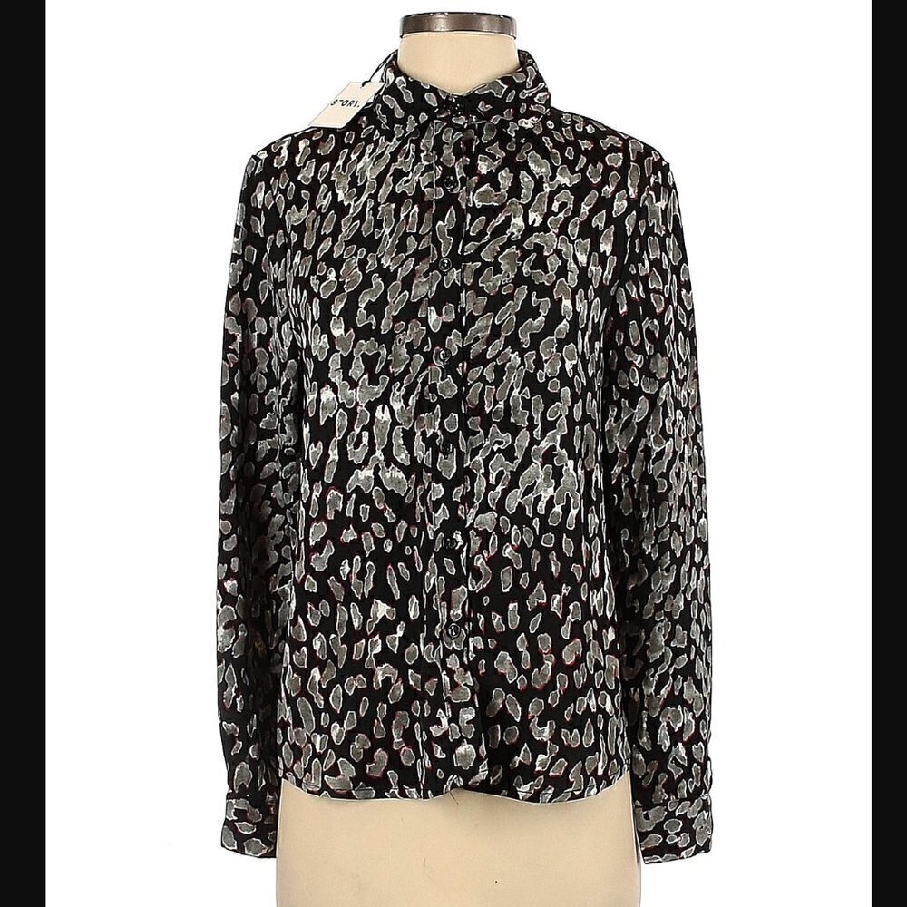Story Womens Sz Small Bronx Top Leopard Print Button Down Black Gray Long Sleeve